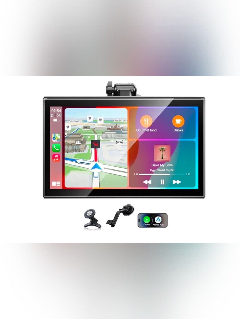 7" Wireless Apple CarPlay/ Android Auto Screen, Magnetic Mount, Portrait/Landsca
